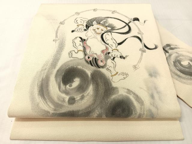 平和屋着物●九寸名古屋帯　手描き　雷神　金彩　鬼しぼ縮緬　正絹　逸品　CABJ0456vp