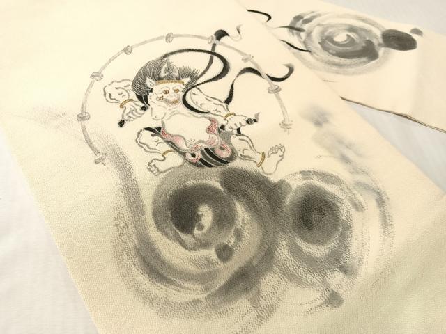 平和屋着物●九寸名古屋帯　手描き　雷神　金彩　鬼しぼ縮緬　正絹　逸品　CABJ0456vp