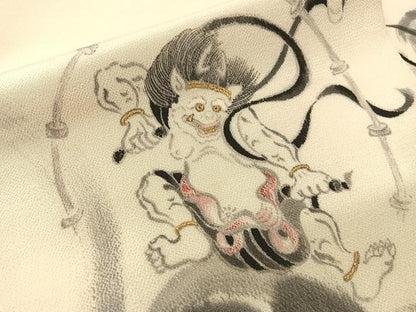 平和屋着物●九寸名古屋帯　手描き　雷神　金彩　鬼しぼ縮緬　正絹　逸品　CABJ0456vp