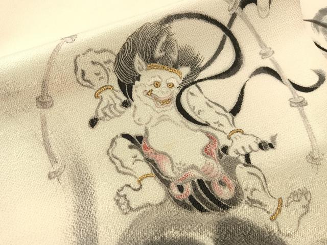 平和屋着物●九寸名古屋帯　手描き　雷神　金彩　鬼しぼ縮緬　正絹　逸品　CABJ0456vp