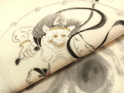 平和屋着物●九寸名古屋帯　手描き　雷神　金彩　鬼しぼ縮緬　正絹　逸品　CABJ0456vp