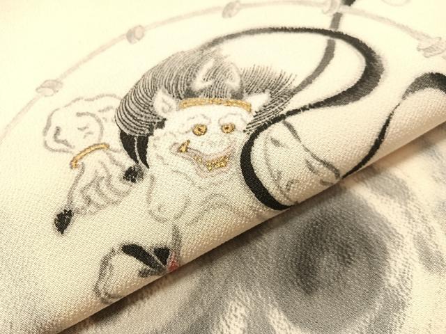 平和屋着物●九寸名古屋帯　手描き　雷神　金彩　鬼しぼ縮緬　正絹　逸品　CABJ0456vp
