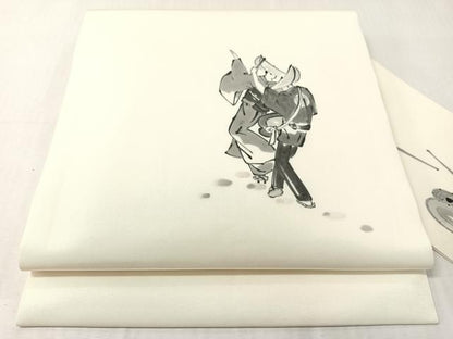 平和屋着物●塩瀬　九寸名古屋帯　手描き　人物風景文　正絹　逸品　CABJ0470vp