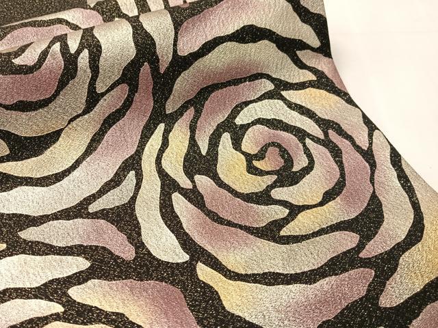 平和屋着物●日本画家　手描き作家　デザイナー　高橋威至　太鼓柄袋帯　薔薇　黒地　金通し地　正絹　逸品　CABJ0474vp
