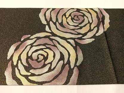 平和屋着物●日本画家　手描き作家　デザイナー　高橋威至　太鼓柄袋帯　薔薇　黒地　金通し地　正絹　逸品　CABJ0474vp