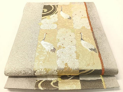 平和屋着物●六通柄袋帯　唐織　市松鶴花間道　金銀糸　正絹　逸品　CABJ0485vp