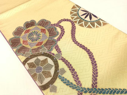 平和屋着物●二代目清次郎　手描き　太鼓柄袋帯　花丸文　紗綾型銀通し地　正絹　逸品　CABJ0486vp