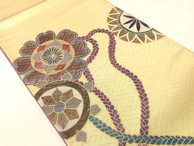 平和屋着物●二代目清次郎　手描き　太鼓柄袋帯　花丸文　紗綾型銀通し地　正絹　逸品　CABJ0486vp