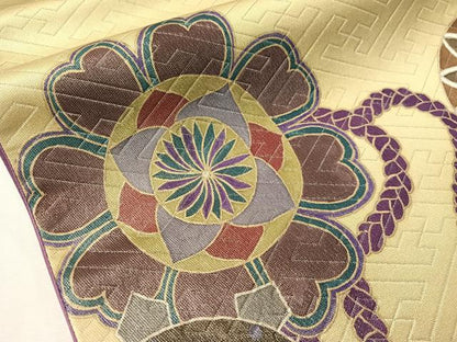 平和屋着物●二代目清次郎　手描き　太鼓柄袋帯　花丸文　紗綾型銀通し地　正絹　逸品　CABJ0486vp
