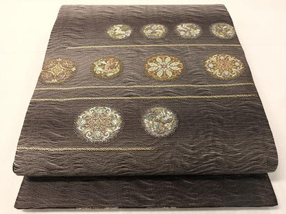 平和屋着物●六通柄袋帯　櫛織　花鳥丸文　金銀糸　正絹　逸品　未使用　CABJ0493vp