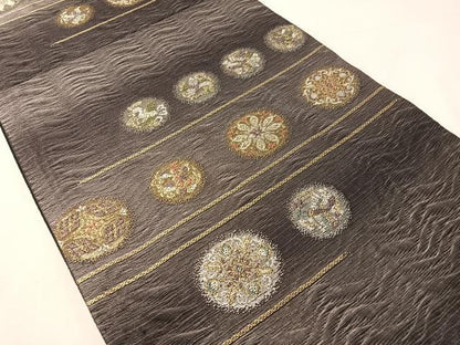 平和屋着物●六通柄袋帯　櫛織　花鳥丸文　金銀糸　正絹　逸品　未使用　CABJ0493vp