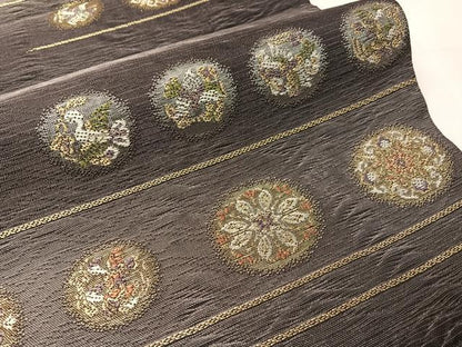 平和屋着物●六通柄袋帯　櫛織　花鳥丸文　金銀糸　正絹　逸品　未使用　CABJ0493vp