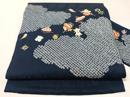 平和屋着物●九寸名古屋帯　絞り　刺繍　雲取り宝尽くし　金糸　正絹　逸品　CABJ0496vp