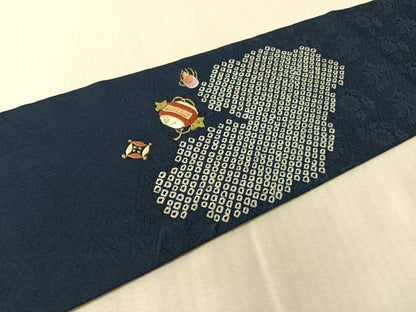 平和屋着物●九寸名古屋帯　絞り　刺繍　雲取り宝尽くし　金糸　正絹　逸品　CABJ0496vp