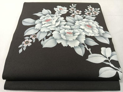 平和屋着物●塩瀬　九寸開き名古屋帯　枝花文　黒地　金彩　正絹　逸品　CABJ0497vp