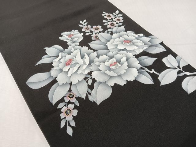 平和屋着物●塩瀬　九寸開き名古屋帯　枝花文　黒地　金彩　正絹　逸品　CABJ0497vp
