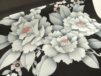 平和屋着物●塩瀬　九寸開き名古屋帯　枝花文　黒地　金彩　正絹　逸品　CABJ0497vp