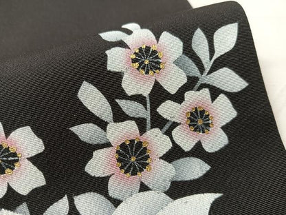 平和屋着物●塩瀬　九寸開き名古屋帯　枝花文　黒地　金彩　正絹　逸品　CABJ0497vp