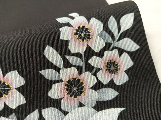 平和屋着物●塩瀬　九寸開き名古屋帯　枝花文　黒地　金彩　正絹　逸品　CABJ0497vp