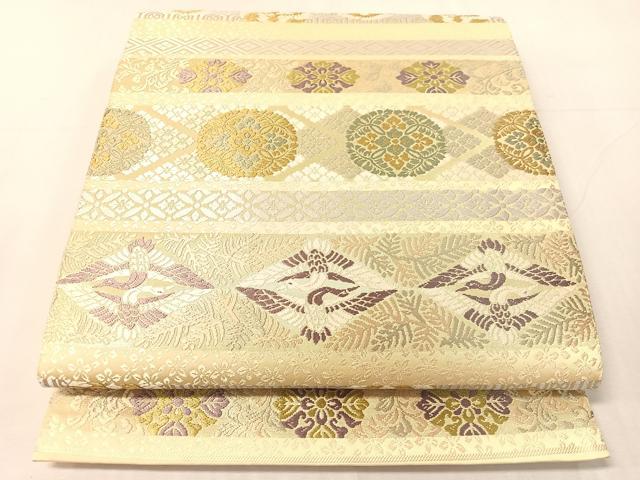 平和屋着物●六通柄袋帯　唐織　横段双鶴花文　金糸　正絹　逸品　未使用　CABJ0498vp