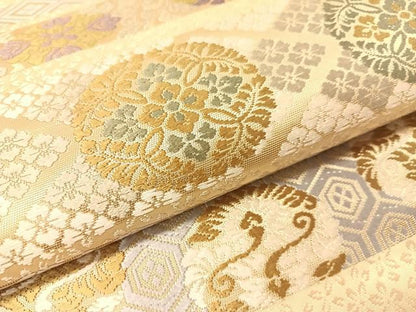 平和屋着物●六通柄袋帯　唐織　横段双鶴花文　金糸　正絹　逸品　未使用　CABJ0498vp
