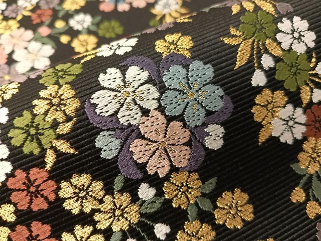 平和屋着物●西陣　山下織物謹製　六通柄袋帯　唐織　葉桜　黒地　金糸　証紙付き　正絹　逸品　未使用　CABJ0508vp