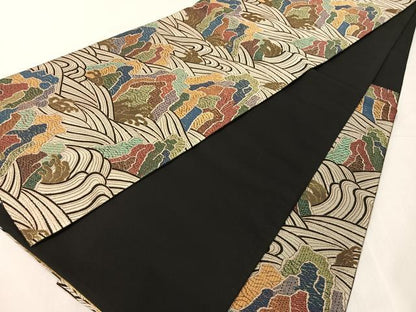 平和屋着物●六通柄袋帯　唐織　立波文　金糸　正絹　逸品　未使用　CABJ0509vp
