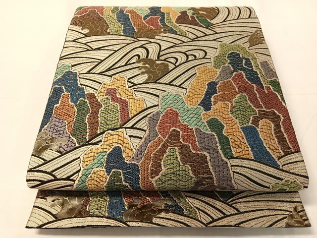 平和屋着物●六通柄袋帯　唐織　立波文　金糸　正絹　逸品　未使用　CABJ0509vp