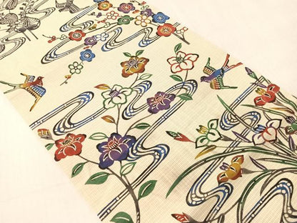 平和屋着物●九寸開き名古屋帯　紅型　流水花鳥文　正絹　逸品　CABJ0512vp