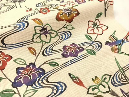 平和屋着物●九寸開き名古屋帯　紅型　流水花鳥文　正絹　逸品　CABJ0512vp