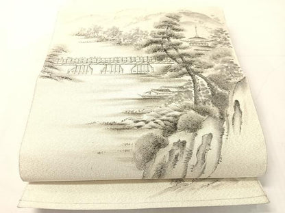 平和屋着物●六通柄袋帯　作家物　手描き　綴れ　京の景　嵐山　銀糸　正絹　逸品　CABJ0517vp
