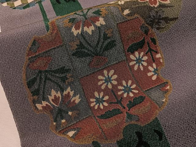 平和屋着物●全通柄　九寸名古屋帯　型染め　いろは歌　雪輪花蝶文　鬼しぼ縮緬　正絹　逸品　CABJ0523vp