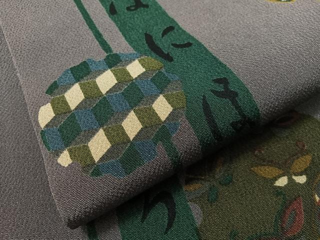 平和屋着物●全通柄　九寸名古屋帯　型染め　いろは歌　雪輪花蝶文　鬼しぼ縮緬　正絹　逸品　CABJ0523vp