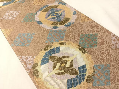 平和屋着物●六通柄袋帯　唐織　双鳥丸文　金糸　正絹　逸品　CABJ0527vp