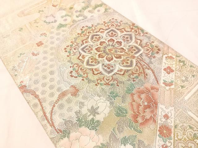 平和屋着物●太鼓柄袋帯　綴れ　鏡裏花文　金銀彩　正絹　逸品　CABJ0530vp