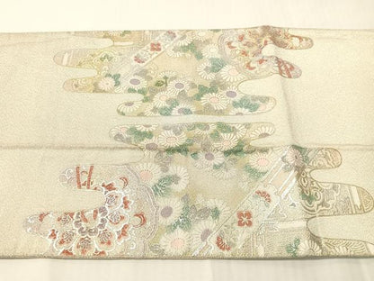 平和屋着物●太鼓柄袋帯　綴れ　鏡裏花文　金銀彩　正絹　逸品　CABJ0530vp