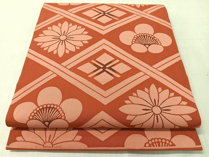 平和屋着物●塩瀬　九寸開き名古屋帯　型染め　菱吉祥花文　正絹　逸品　CABJ0532vp