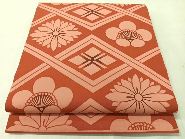 平和屋着物●塩瀬　九寸開き名古屋帯　型染め　菱吉祥花文　正絹　逸品　CABJ0532vp