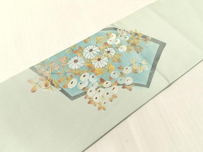 平和屋着物●塩瀬　九寸名古屋帯　手描き　地紙花文　金銀彩　正絹　逸品　CABJ0538vp