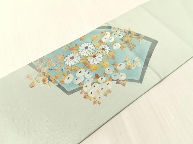 平和屋着物●塩瀬　九寸名古屋帯　手描き　地紙花文　金銀彩　正絹　逸品　CABJ0538vp