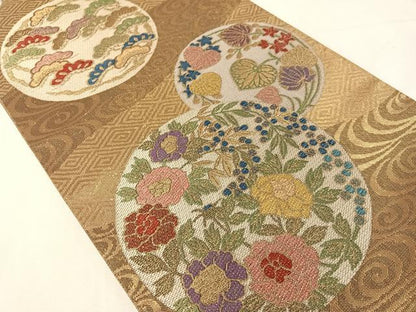 平和屋着物●1854年創業　帯屋捨松　六通柄袋帯　流水花丸文　金糸　正絹　逸品　CABJ0543vp