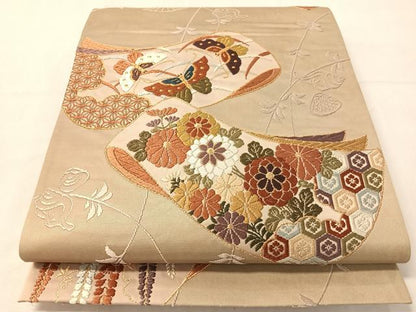平和屋着物●六通柄袋帯　唐織　吉祥花蝶文　金糸　正絹　逸品　CABJ0548vp