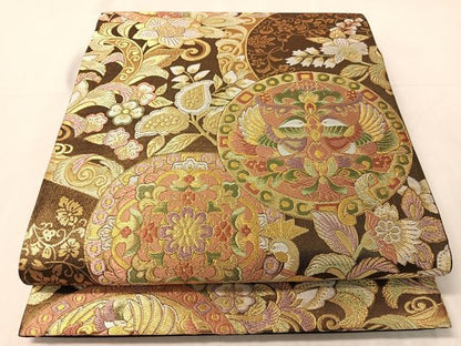 平和屋着物●六通柄袋帯　唐織　更紗花鳥丸文　金糸　正絹　逸品　未使用　CABJ0551vp