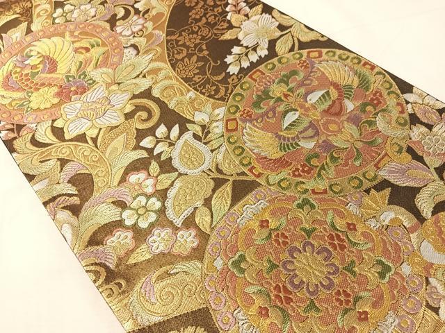 平和屋着物●六通柄袋帯　唐織　更紗花鳥丸文　金糸　正絹　逸品　未使用　CABJ0551vp