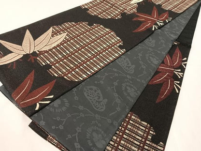 平和屋着物●六通柄袋帯　雪輪笹文　黒地　金糸　正絹　逸品　CABJ0557vp