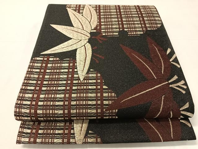 平和屋着物●六通柄袋帯　雪輪笹文　黒地　金糸　正絹　逸品　CABJ0557vp