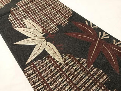 平和屋着物●六通柄袋帯　雪輪笹文　黒地　金糸　正絹　逸品　CABJ0557vp
