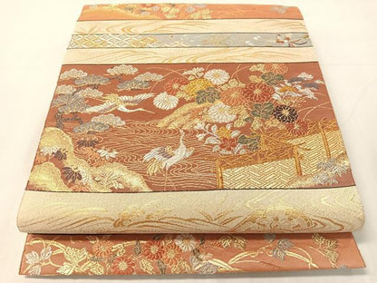 平和屋着物●六通柄袋帯　唐織　綴れ　横段花鳥風景文　金銀糸　正絹　逸品　CABJ0569vp