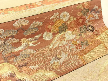 平和屋着物●六通柄袋帯　唐織　綴れ　横段花鳥風景文　金銀糸　正絹　逸品　CABJ0569vp