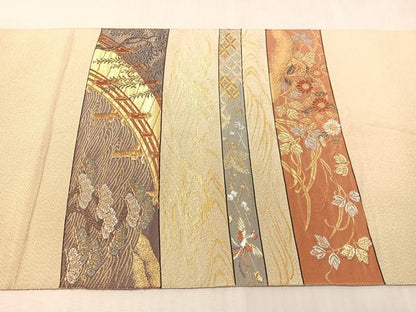平和屋着物●六通柄袋帯　唐織　綴れ　横段花鳥風景文　金銀糸　正絹　逸品　CABJ0569vp